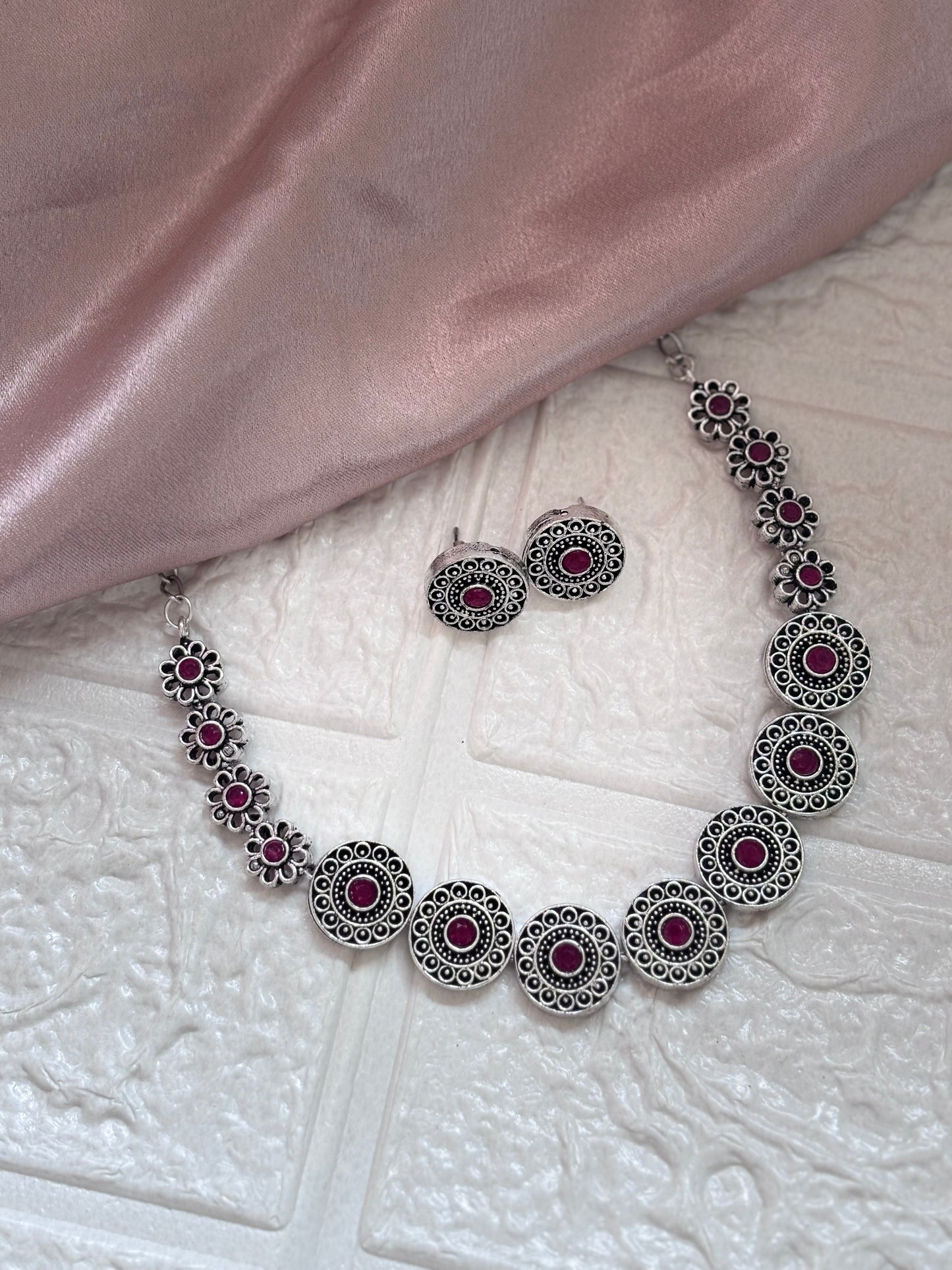 German Silver Necklace Dark Pink