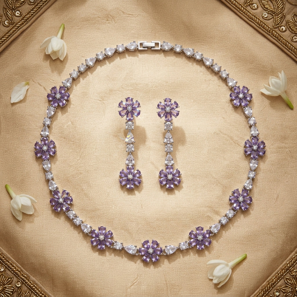 Flower Pattern AD Short Necklace Purple