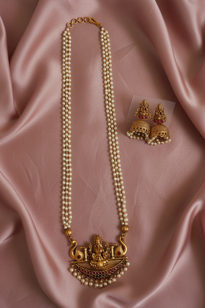 3 line pearl Lakshmi pendant short haaram