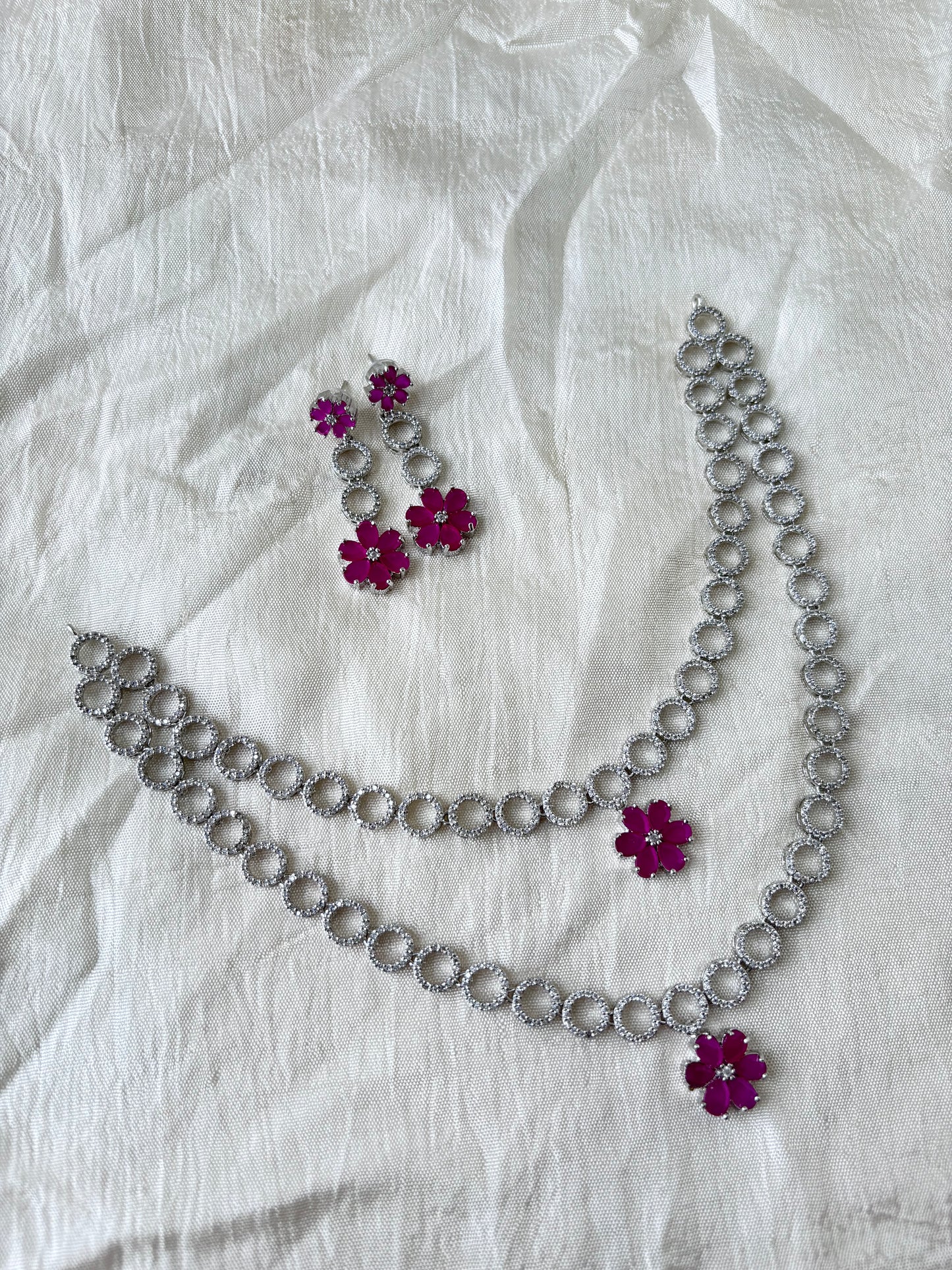 Premium AD Double Layer Necklace Pink