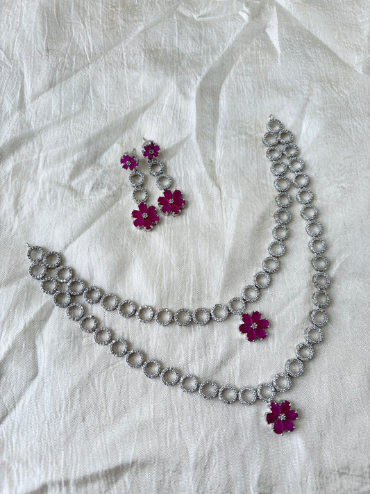 Premium AD Double Layer Necklace Pink