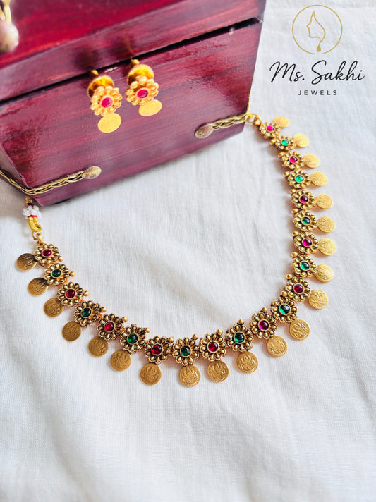 Floral Coin Necklace-Red and Green