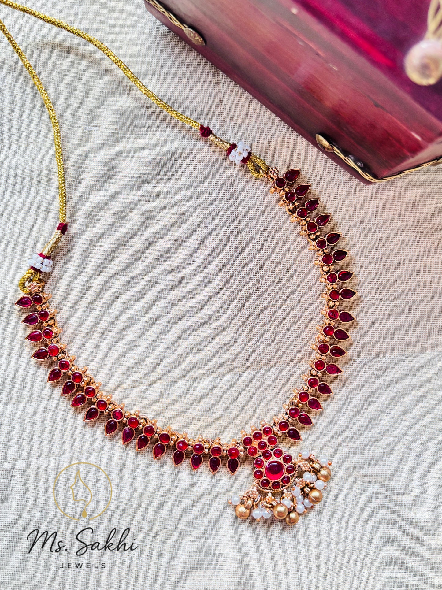 Vaidehi drop short necklace -Ruby Pink