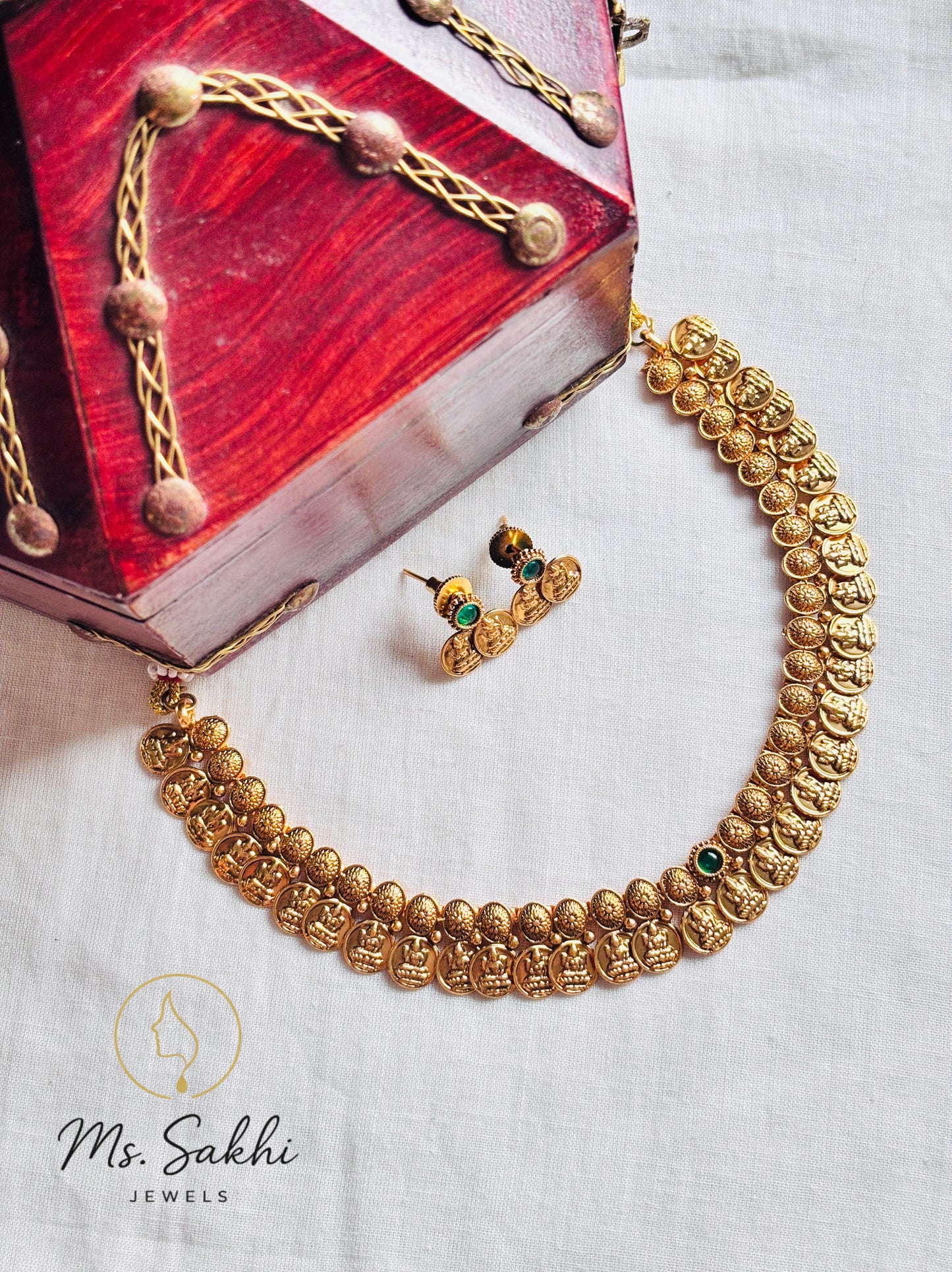 Lakshmi coin Necklace-Green center stone