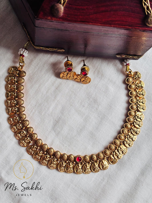 Lakshmi coin Necklace-Red center stone