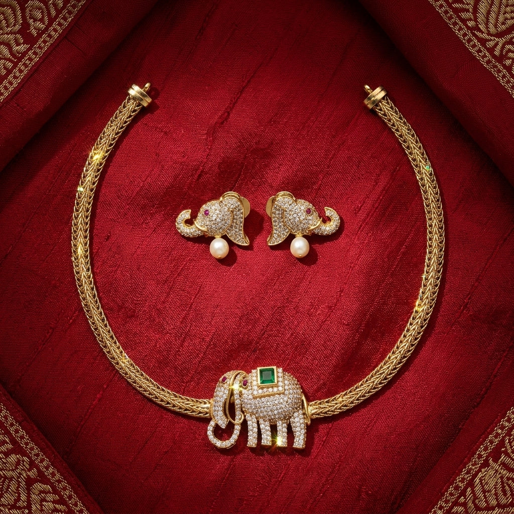 Airavath Short Necklace Green Stone