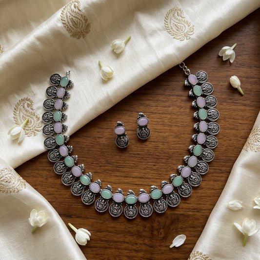 Coin German Silver Necklace (Pink & Sea Green)