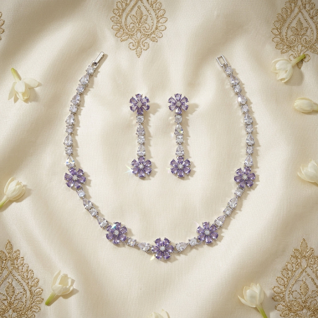 Flower Pattern AD Short Necklace Purple
