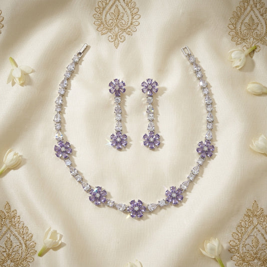 Flower Pattern AD Short Necklace Purple