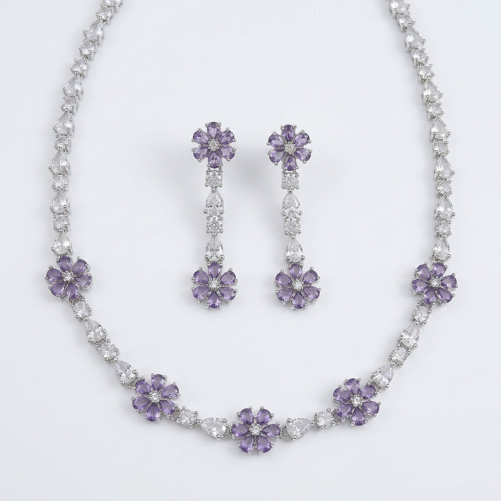 Flower Pattern AD Short Necklace Purple