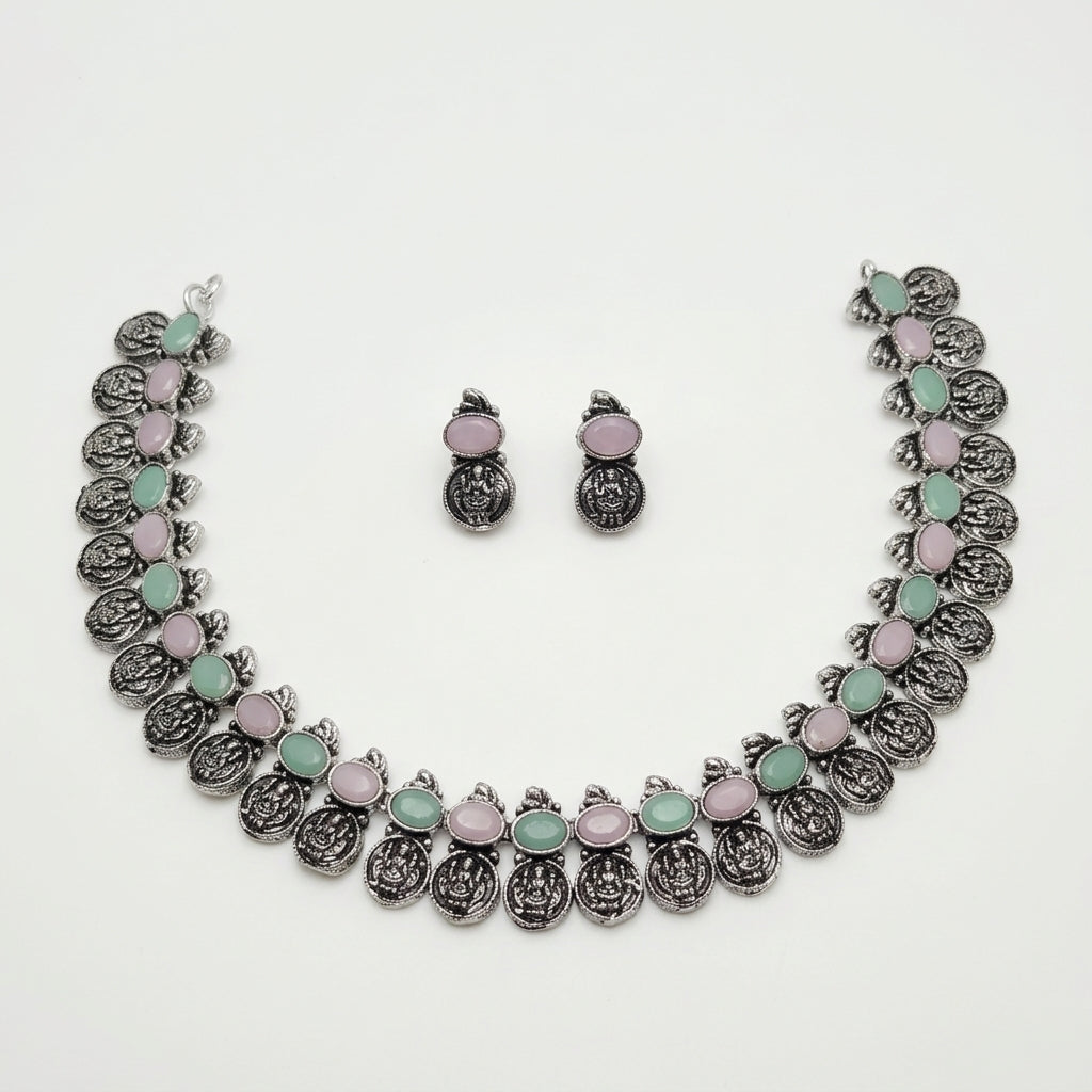 Coin German Silver Necklace (Pink & Sea Green)