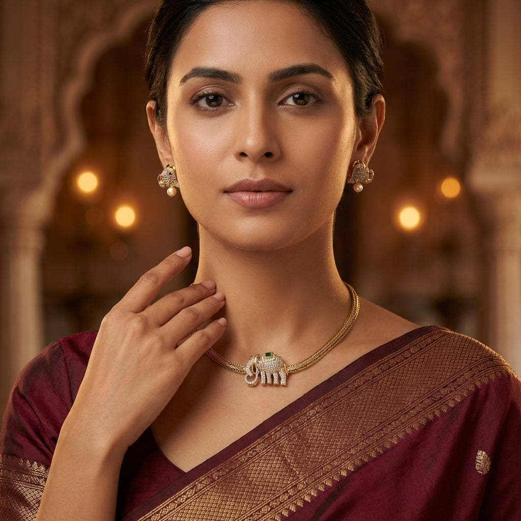 Airavath Short Necklace Green Stone