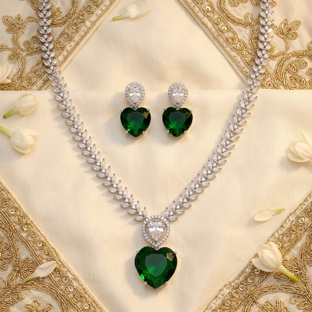 Royal Heart Green AD Necklace
