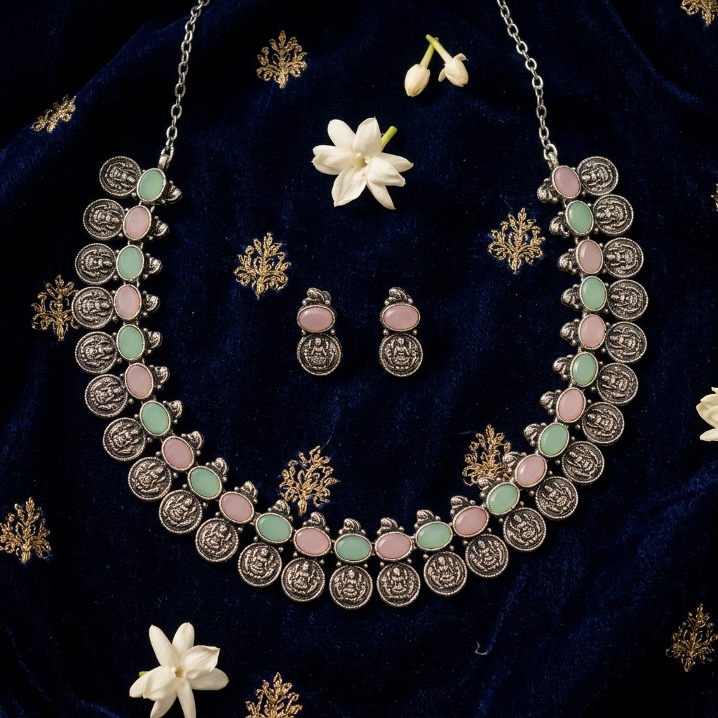 Coin German Silver Necklace (Pink & Sea Green)
