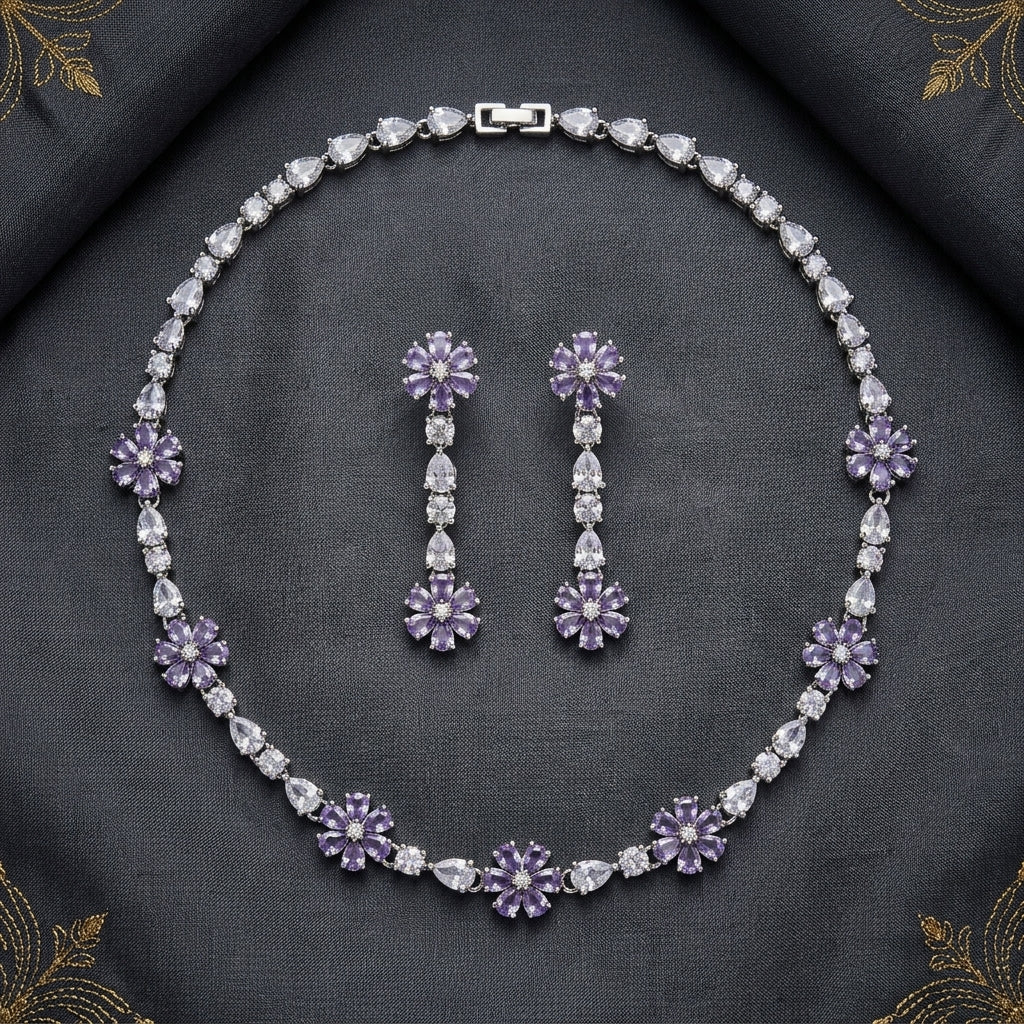 Flower Pattern AD Short Necklace Purple