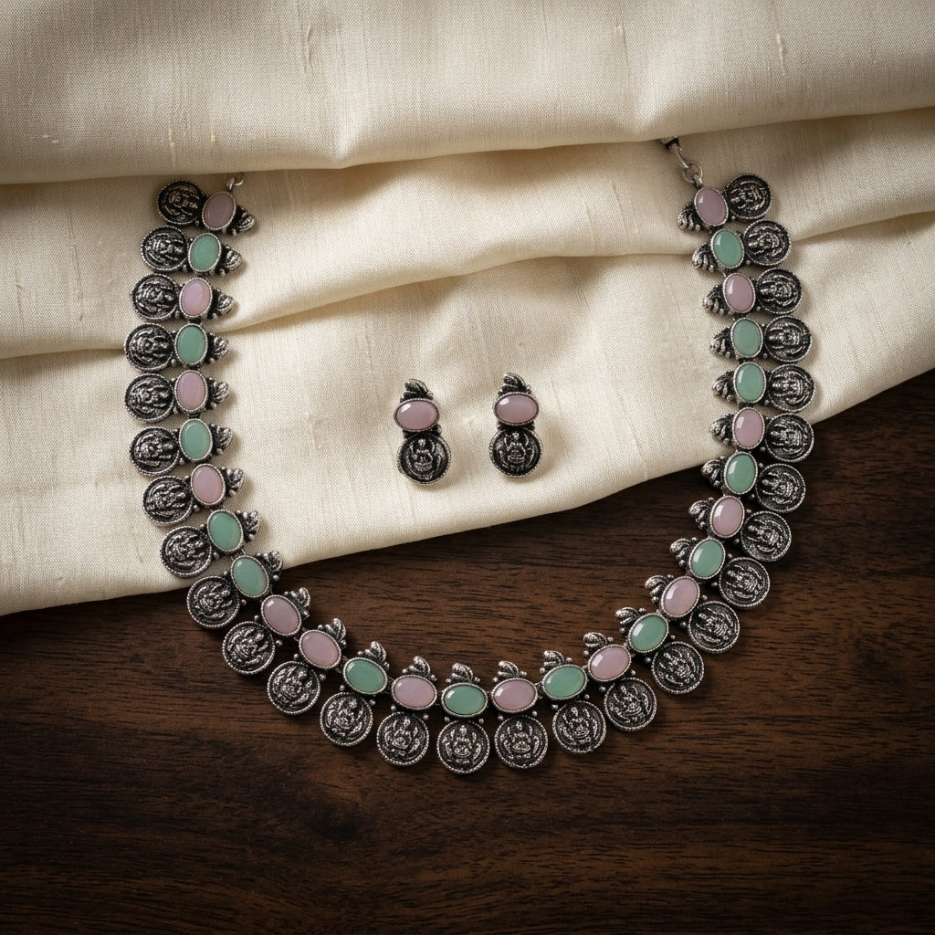 Coin German Silver Necklace (Pink & Sea Green)