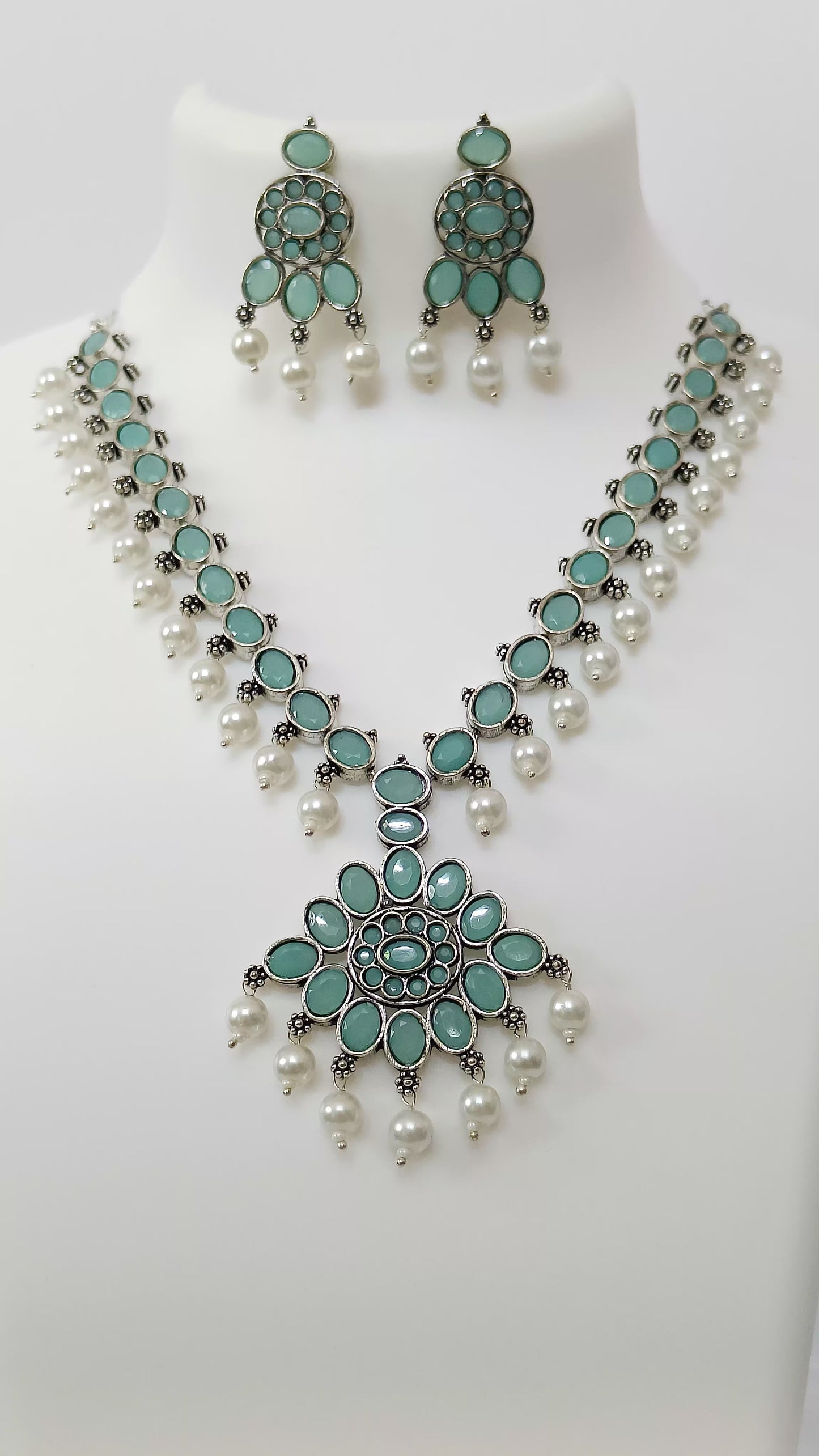 Devi Necklace German Silver Sea Green