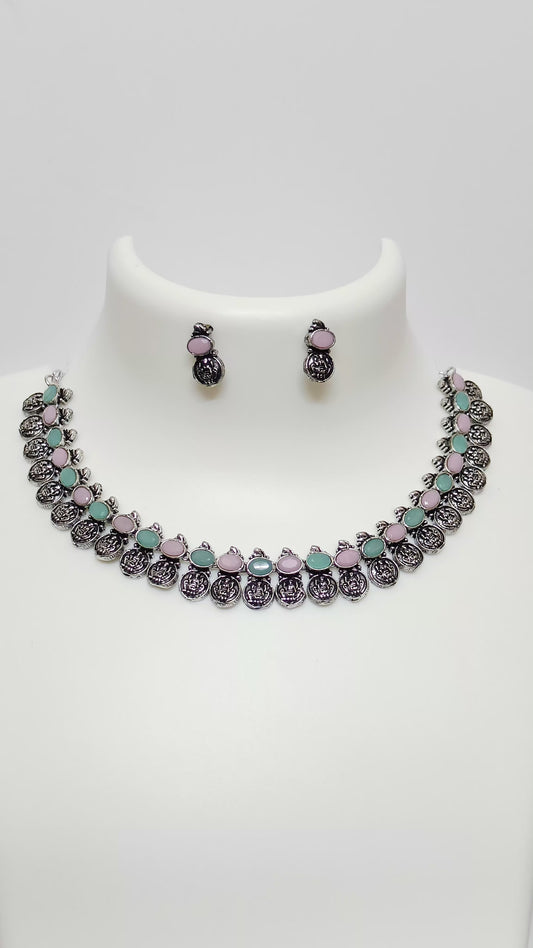 Coin German Silver Necklace (Pink & Sea Green)