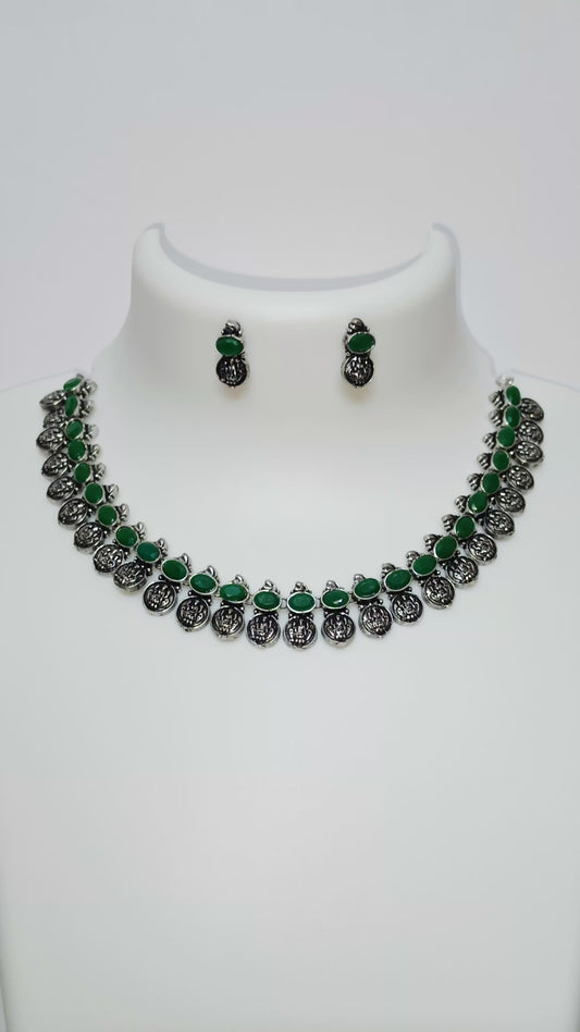 Coin German Silver Necklace Green