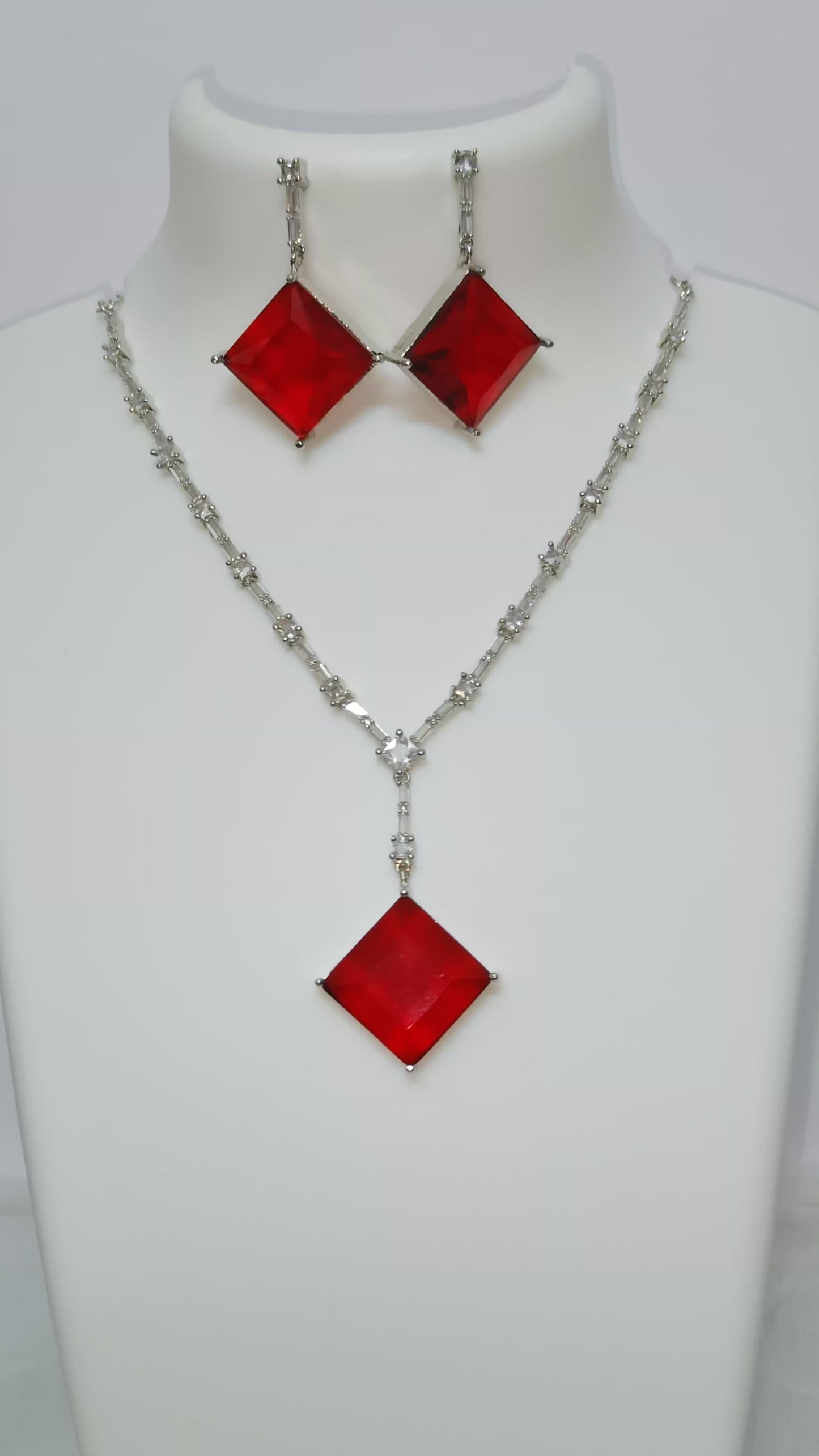 Square Pendant AD Necklace Red