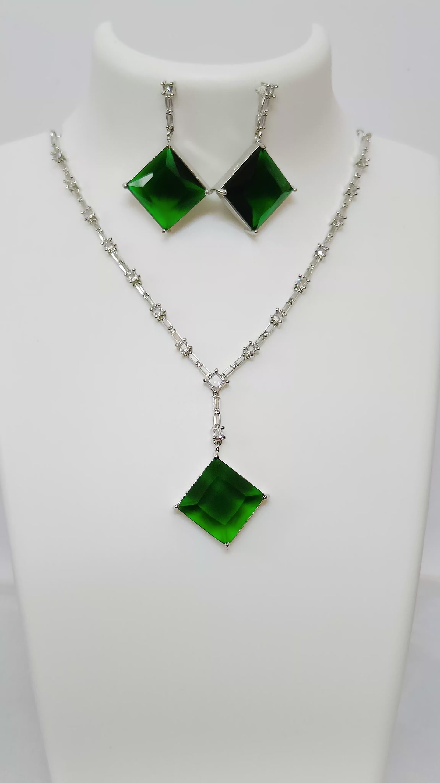 Square Pendant AD Necklace Green